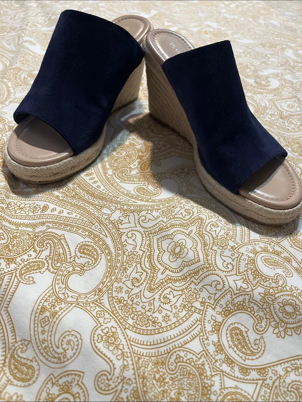 Stuart Weitzman Navy Suede Espadrille Slide Sandals with Tan Footbed - Picture 10 of 10